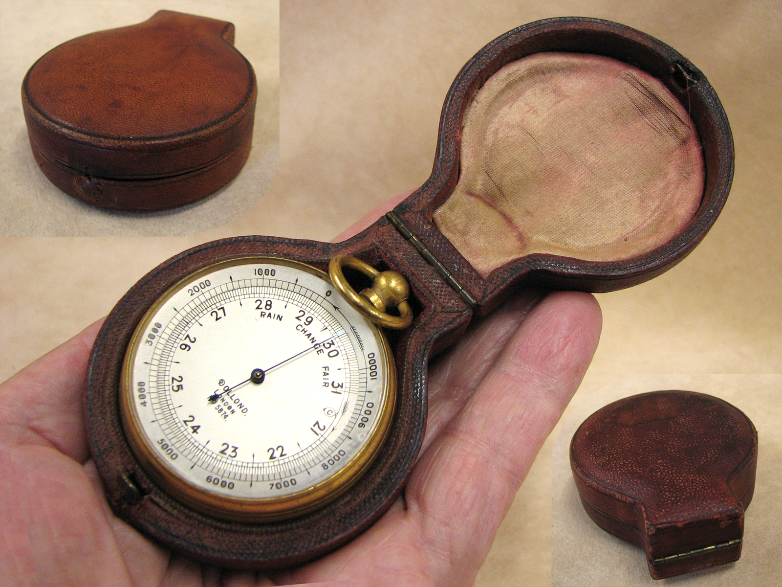 Victorian Dollond pocket barometer & altimeter in leather case